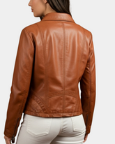 Womens Classic Leather Biker Zip Box Jacket Dynamo Tan